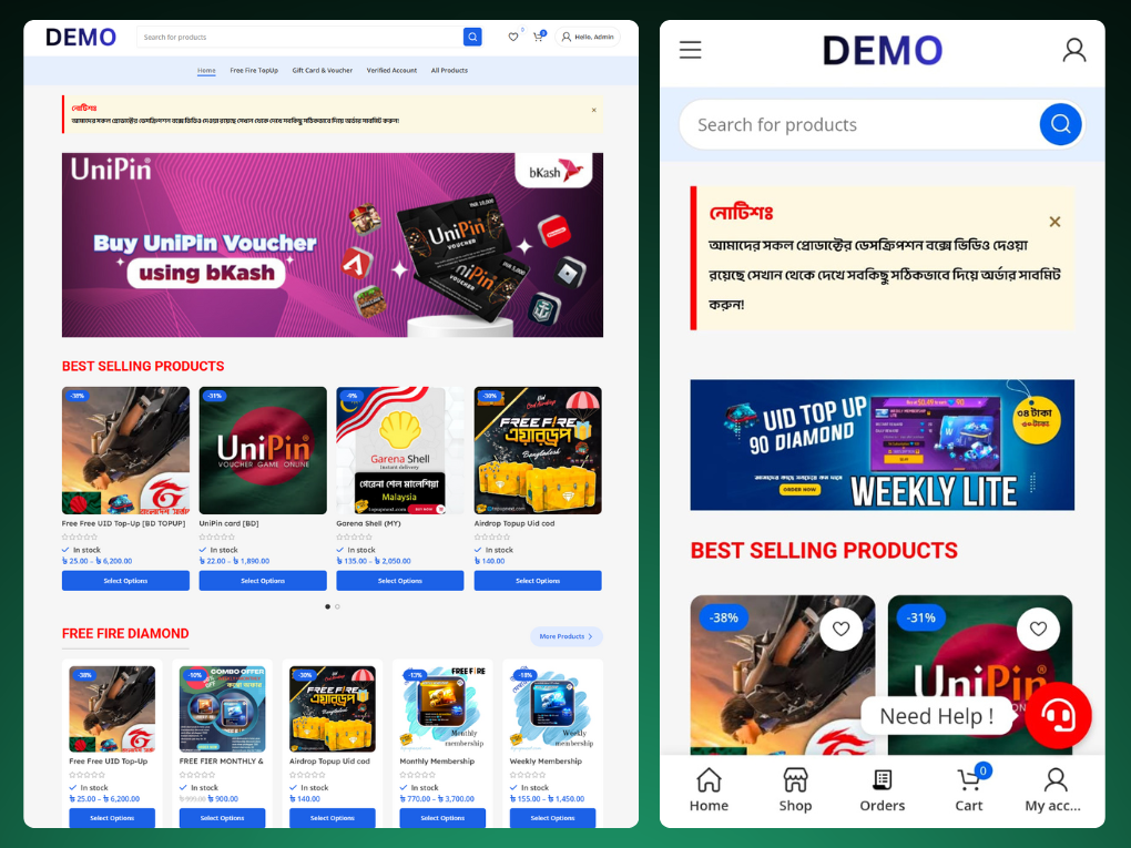 (Demo-9) Digital Product, Games TopUp, Visa, Gift Card, Social Service Selling Ready Made Website Code